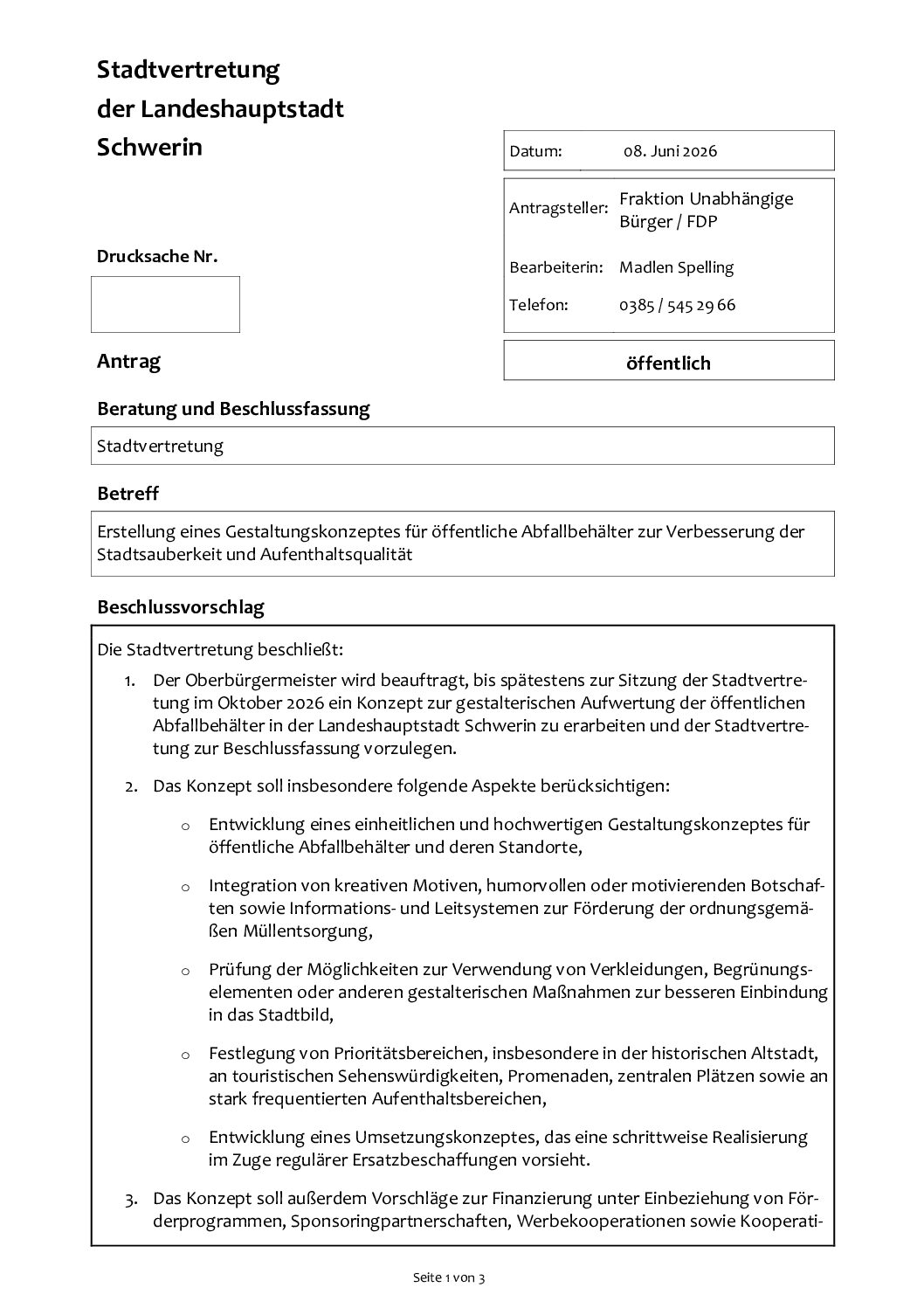 Antrag: Erstellung eines Gestaltungskonzeptes für öffentliche Abfallbehälter zur Verbesserung der Stadtsauberkeit und Aufenthaltsqualität